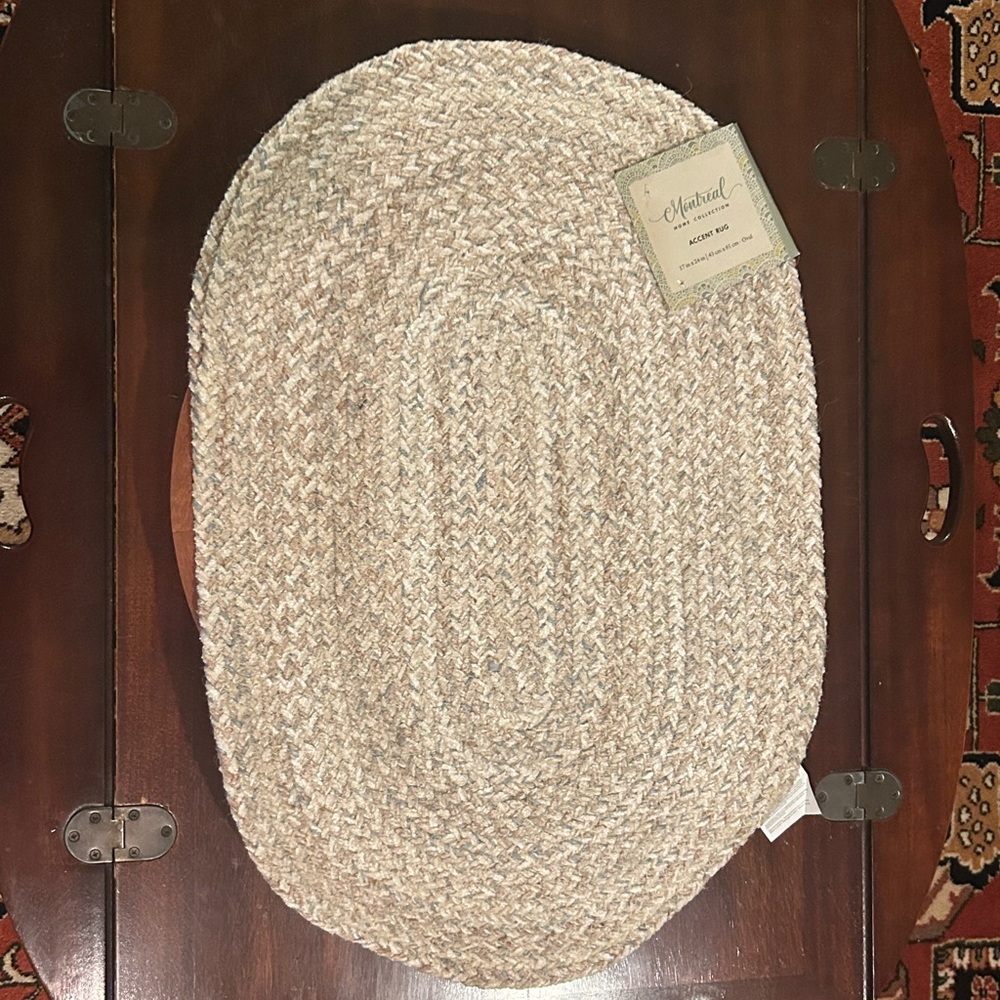 Beach Tan White Blue Braided Oval Jute Rug Natural Beige + Blue New Size 17 x 24